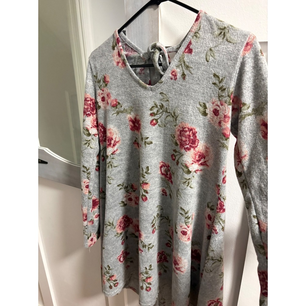 Alaya Floral Knit Mini Dress Gray Pink Rose Long Sleeve Tie Back Small 48944FR